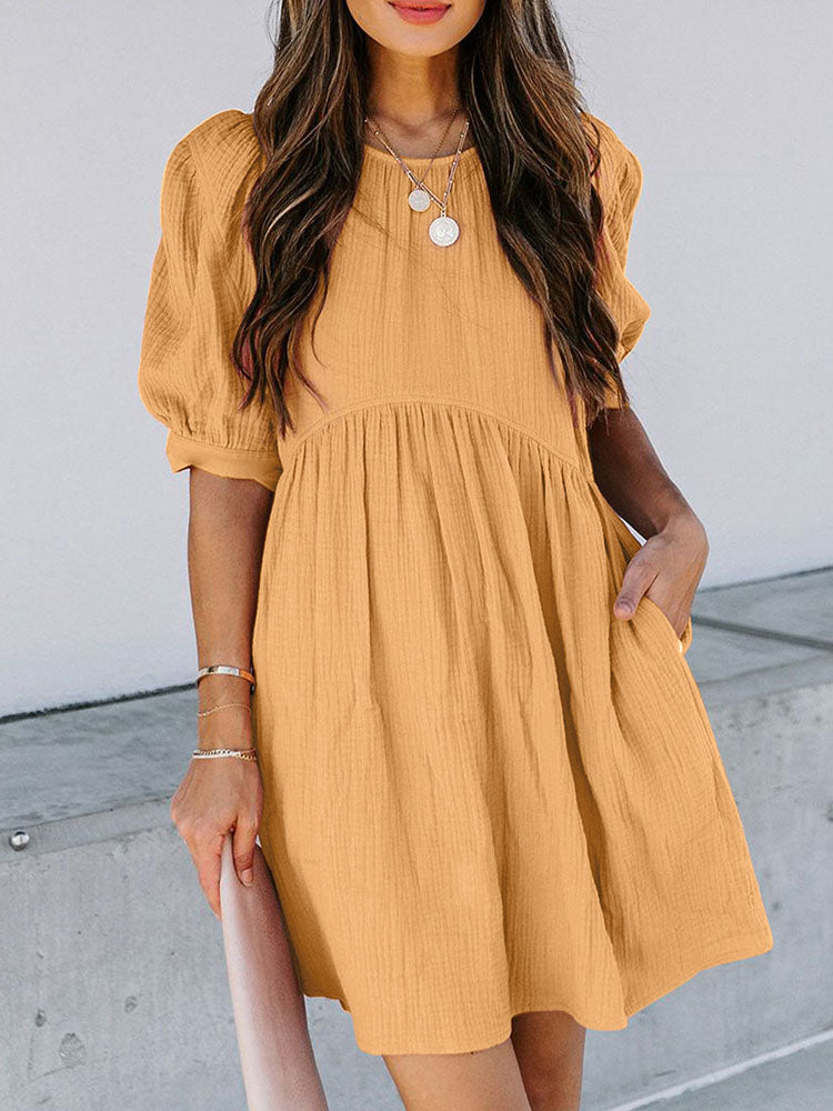 Puff Sleeve Ruffled Loose Mini Dresses