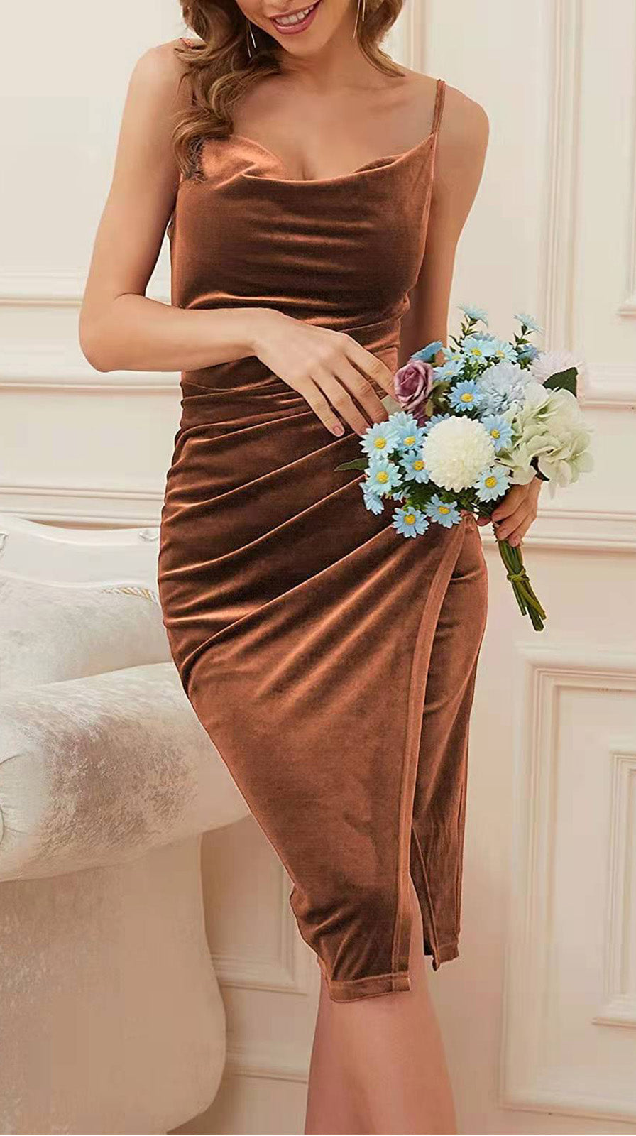 Sleeveless Velvet Ruched Split Midi Dresses