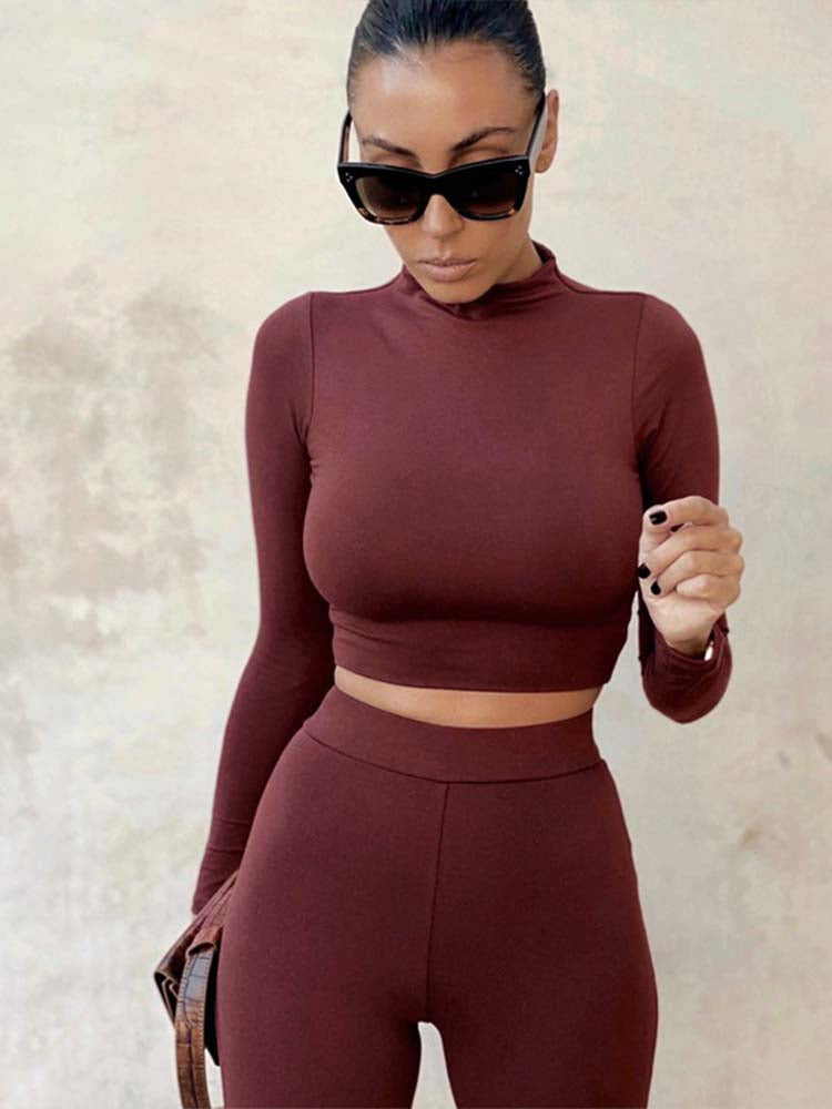 Two Piece Long Sleeve Bodycon Crop Top Legging Set