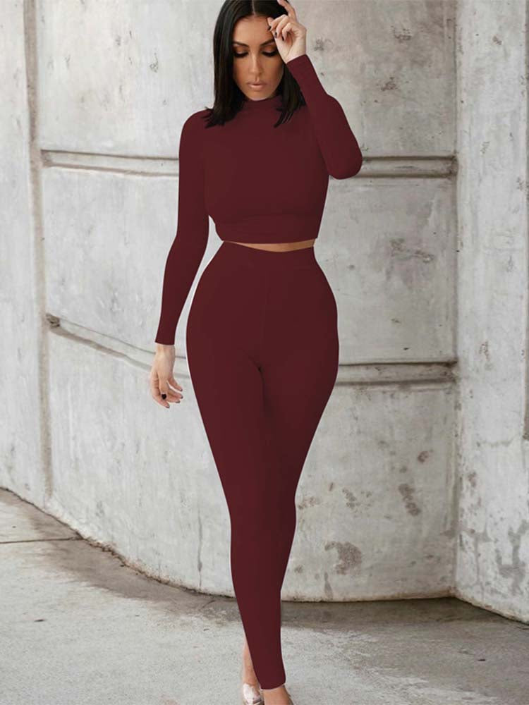 Two Piece Long Sleeve Bodycon Crop Top Legging Set