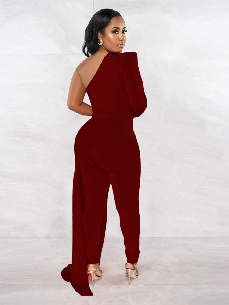 Long Sleeve One Shoulder Solid Jumpsuits