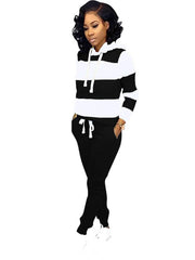 Two Pieces Stripes Pocket Hoodies & Drawstring Pants