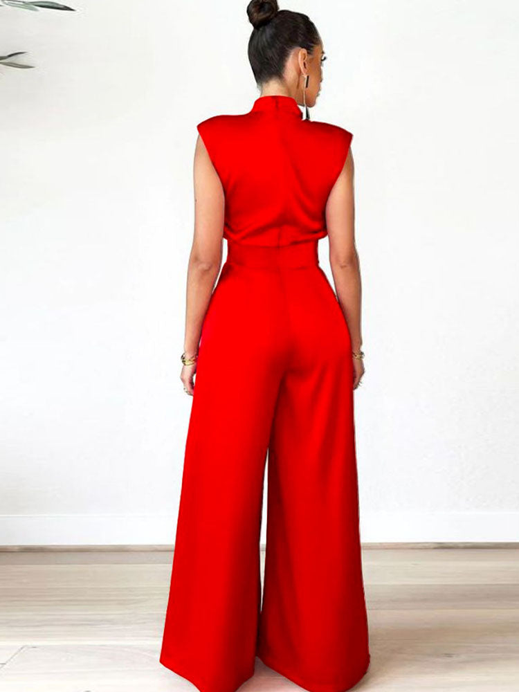 Sleeveless Mock Neck Wide-Leg Jumpsuit