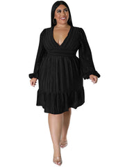 Plus Size Deep V Neck Long Puff Sleeve Mini Dresses