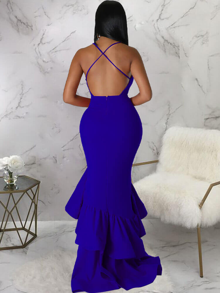 Spaghetti Strap Backless Ruffle Maxi Dresses