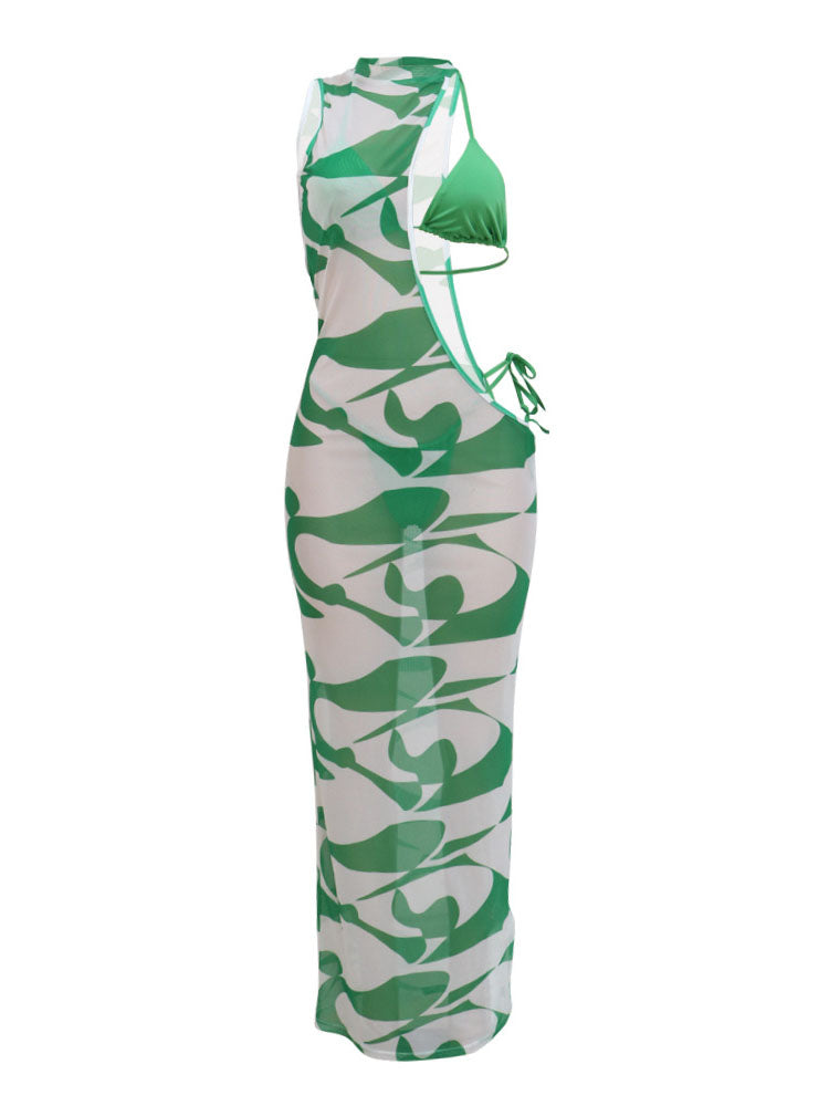 Irregular Print Mesh Maxi Dress with Bikini Set