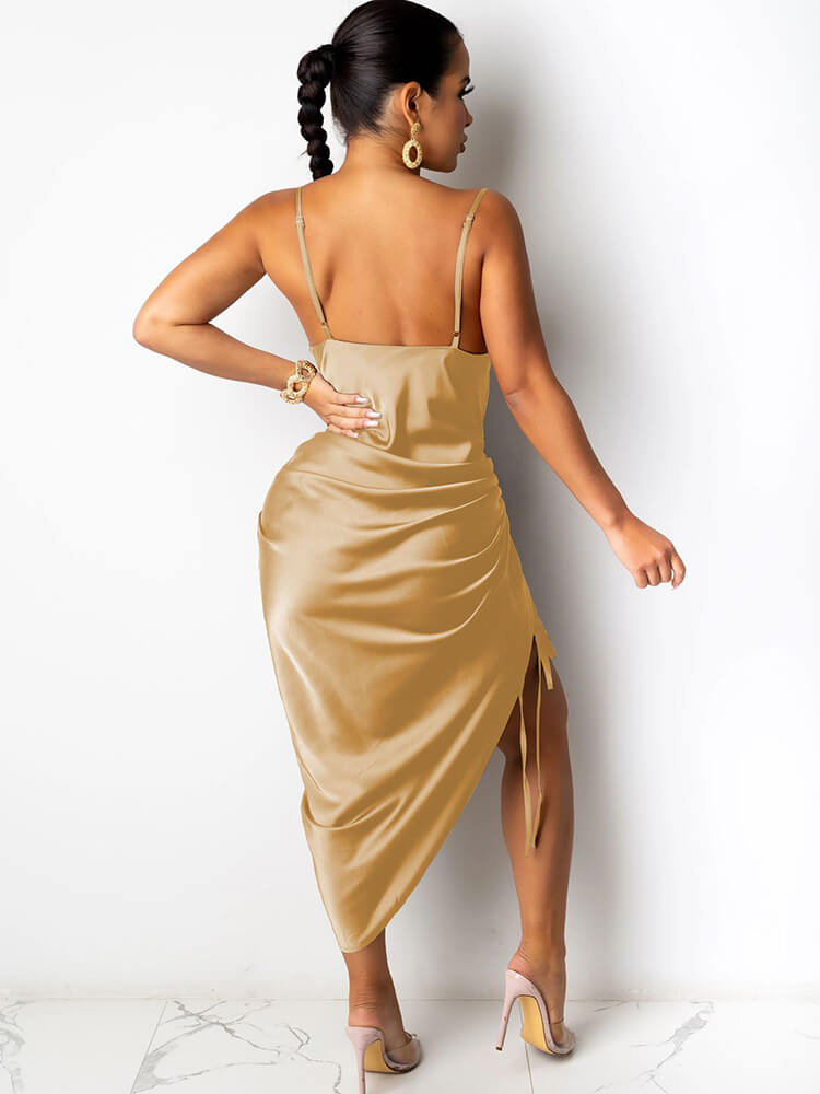 Spaghetti Strap Drawstring Ruched Midi Dresses