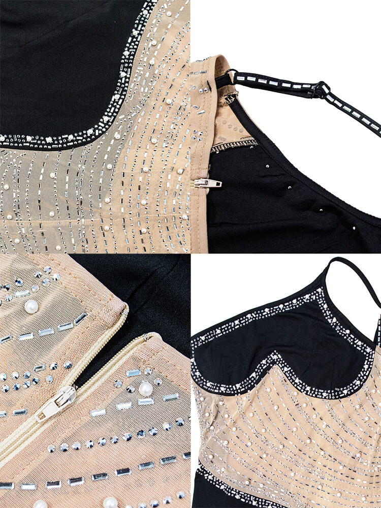 Sleevelesss Rhinestone Mesh Patchwork Maxi Dresses