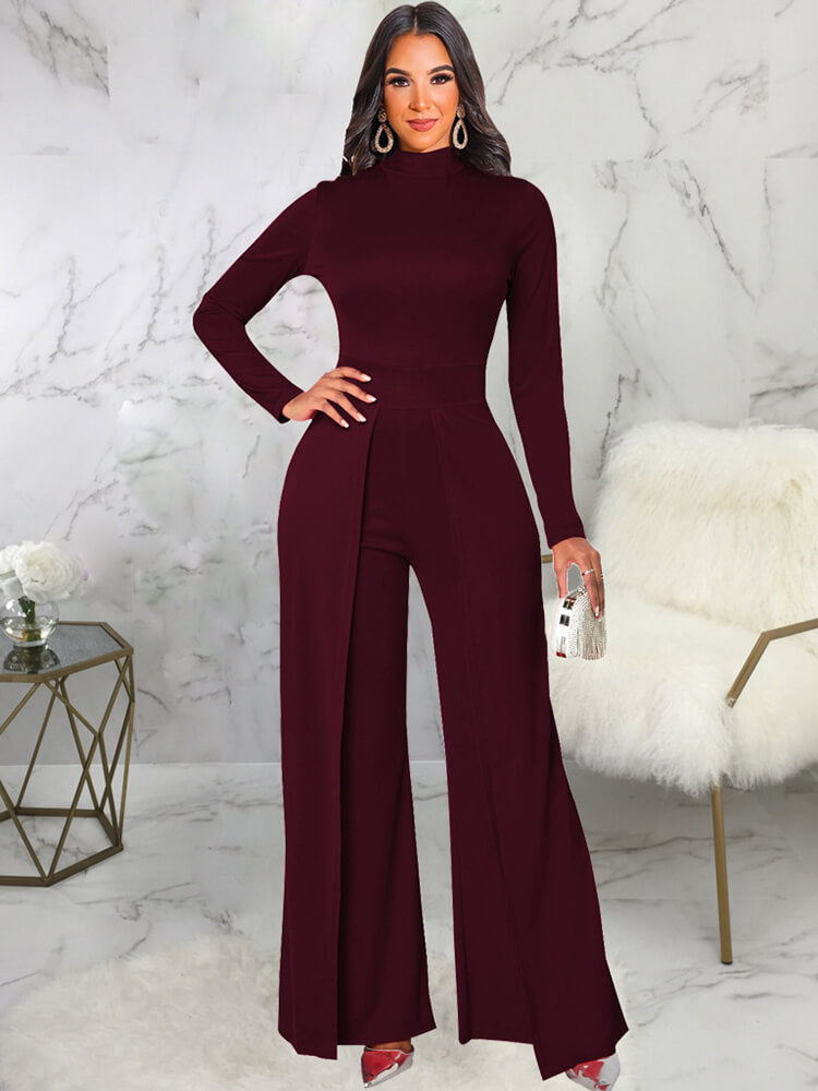 Mock Neck Long Sleeve Wide Leg Jumpsuits