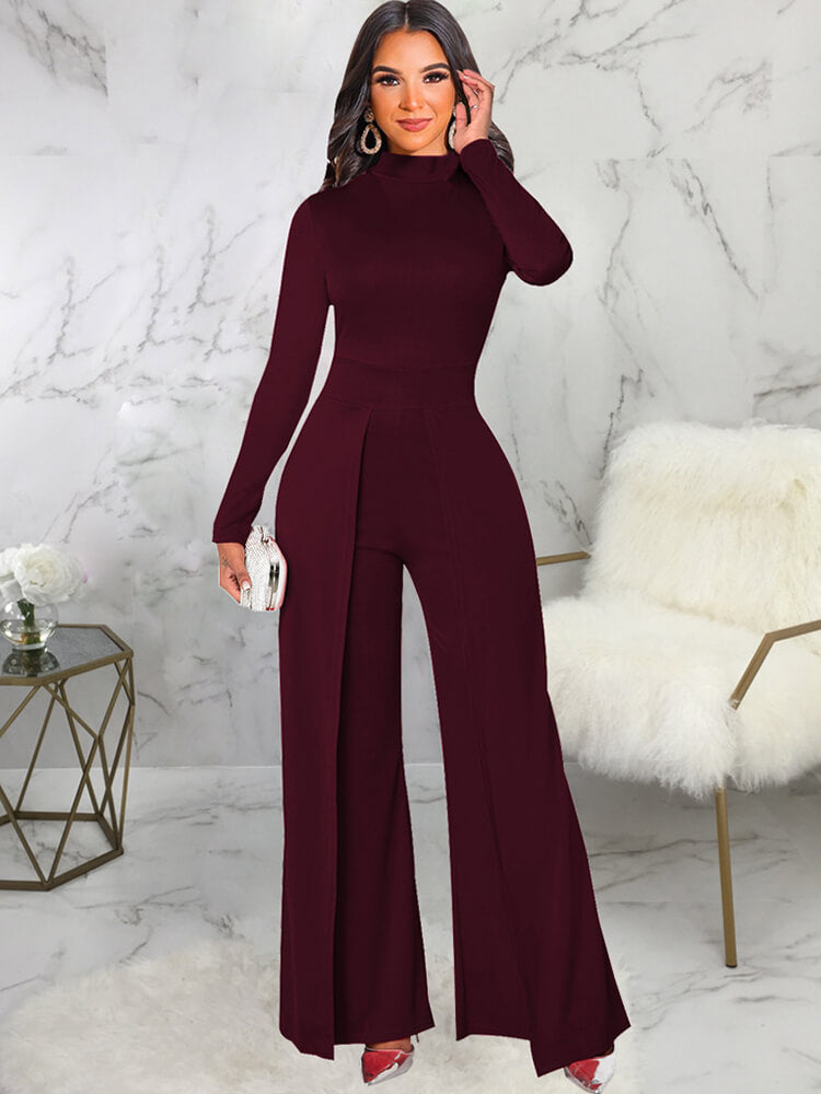 Mock Neck Long Sleeve Wide Leg Jumpsuits