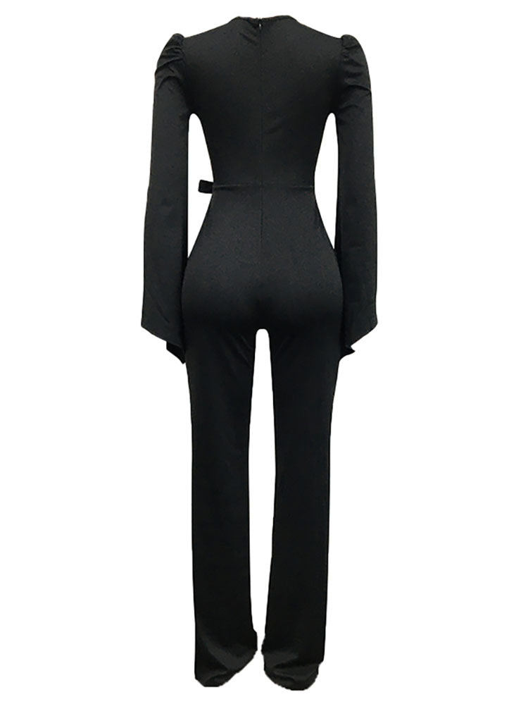 Long Sleeve Tie Up V Neck Jumpsuits