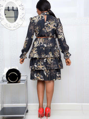 Long Sleeves Floral Print Belted Midi Dresses