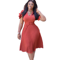 Plus Szie V Neck Short Sleeve Pleater Solid Color Midi Dresses