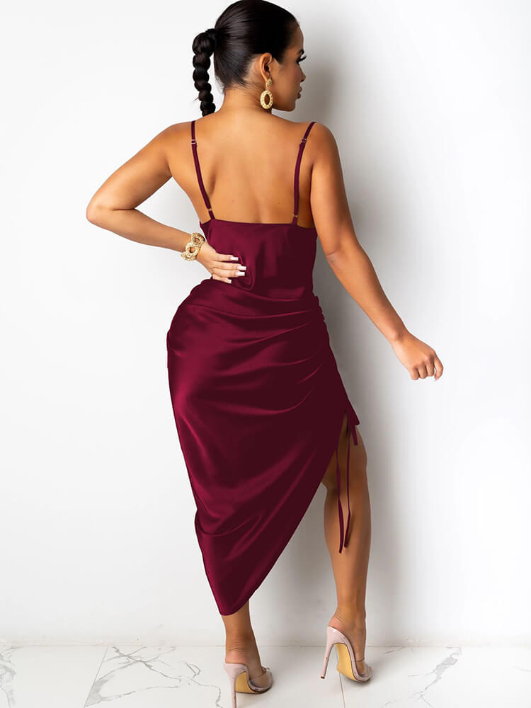 Spaghetti Strap Drawstring Ruched Midi Dresses