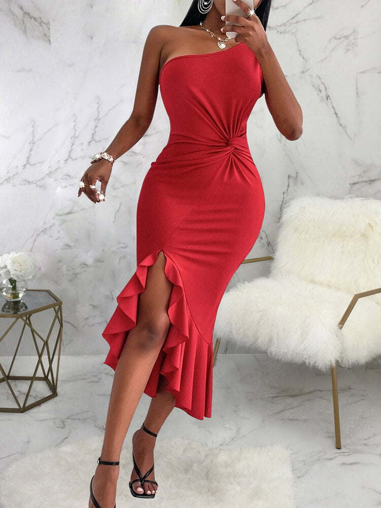 One Shoulder Sleeveless Ruffle Split Midi Dresses