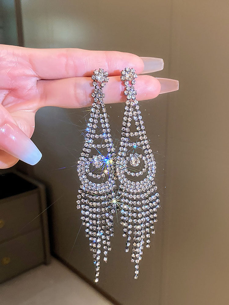 Rhinestone Butterfly Heart Tassel Earrings