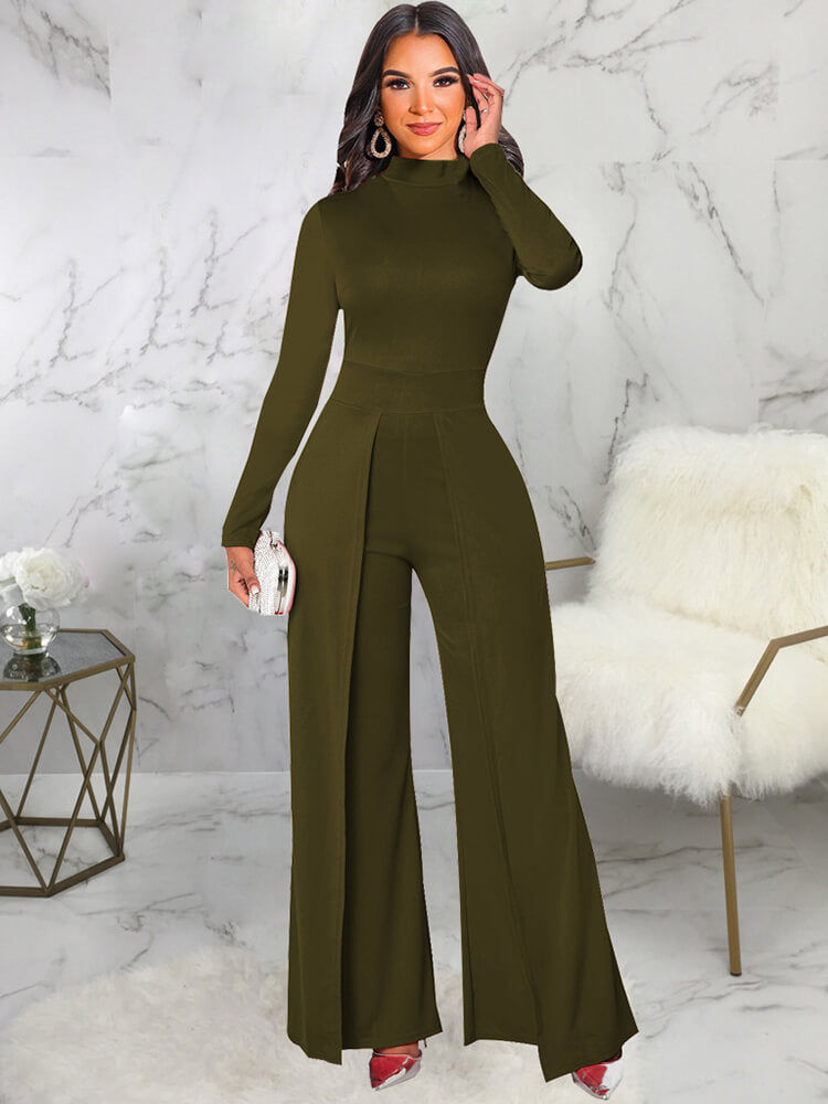 Mock Neck Long Sleeve Wide Leg Jumpsuits