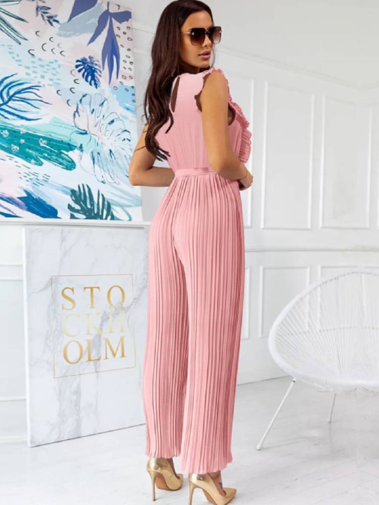 Sleeveless Belted Ruffle Pleated Jumpsuits