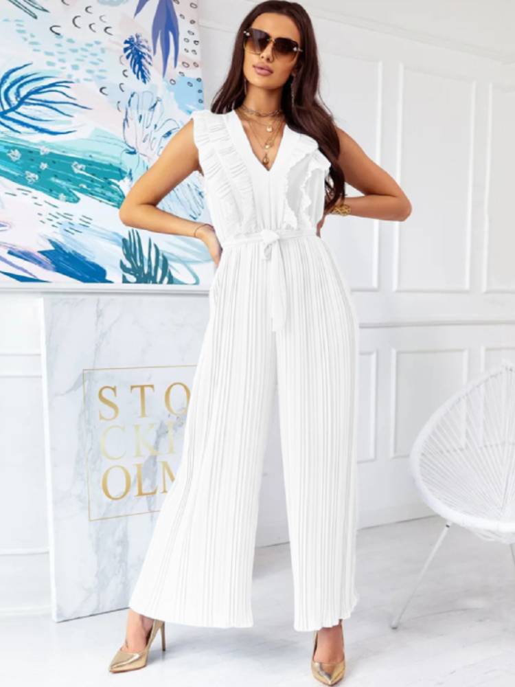 Sleeveless Belted Ruffle Pleated Jumpsuits