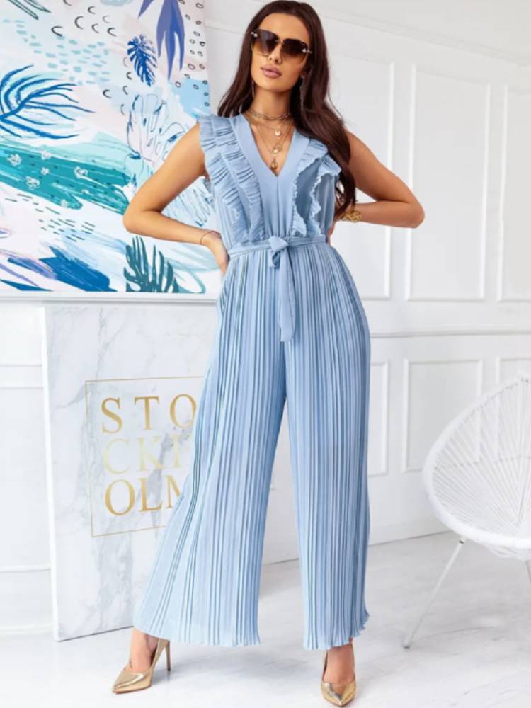 Sleeveless Belted Ruffle Pleated Jumpsuits