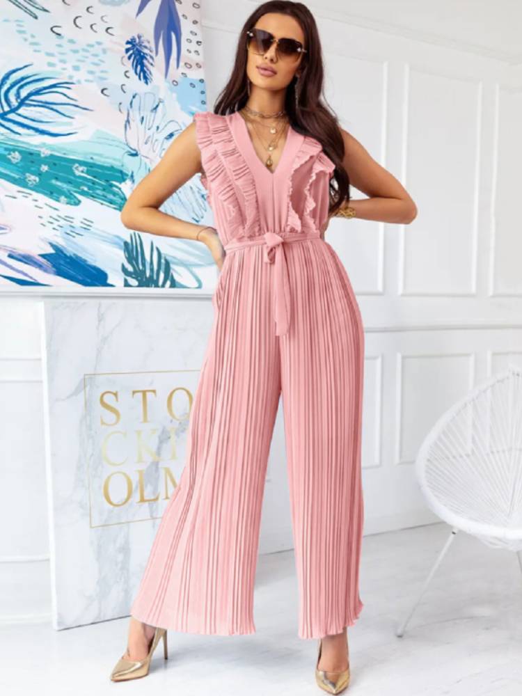 Sleeveless Belted Ruffle Pleated Jumpsuits