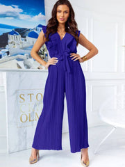 Sleeveless Belted Ruffle Pleated Jumpsuits