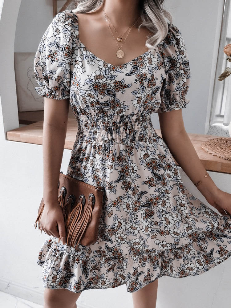 Puff Sleeve Floral Ruffled Mini Dress