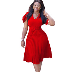 Plus Szie V Neck Short Sleeve Pleater Solid Color Midi Dresses