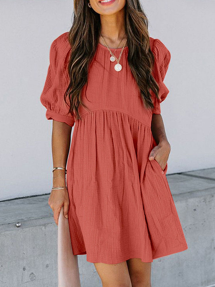 Puff Sleeve Ruffled Loose Mini Dresses