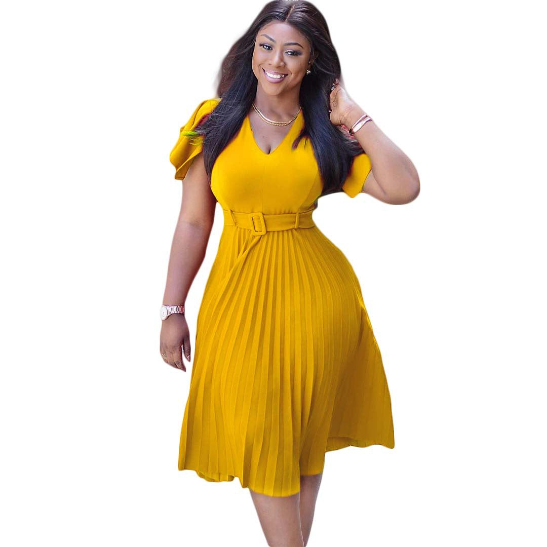 Plus Szie V Neck Short Sleeve Pleater Solid Color Midi Dresses