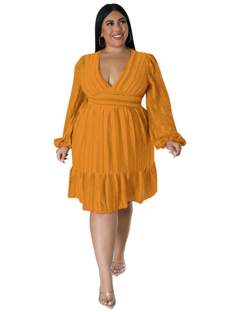 Plus Size Deep V Neck Long Puff Sleeve Mini Dresses