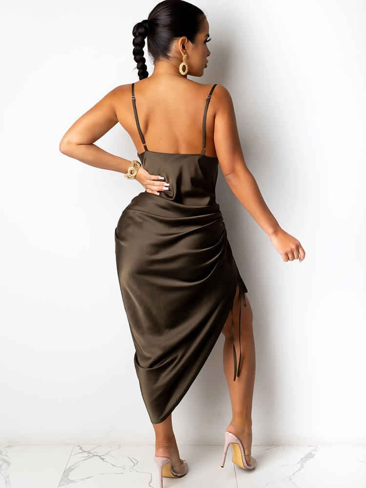 Spaghetti Strap Drawstring Ruched Midi Dresses