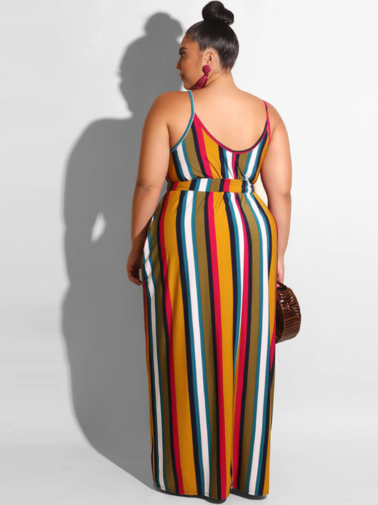 Plus Size Spaghetti Strap Striped Maxi Dresses