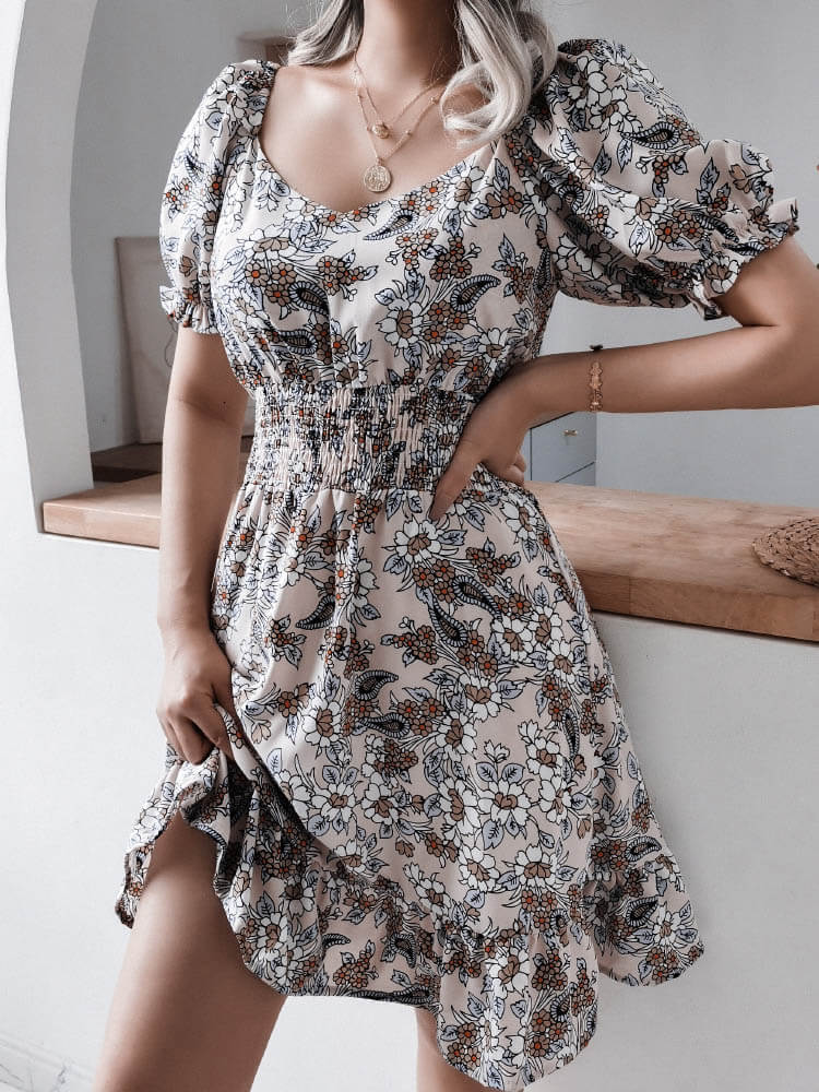 Puff Sleeve Floral Ruffled Mini Dress