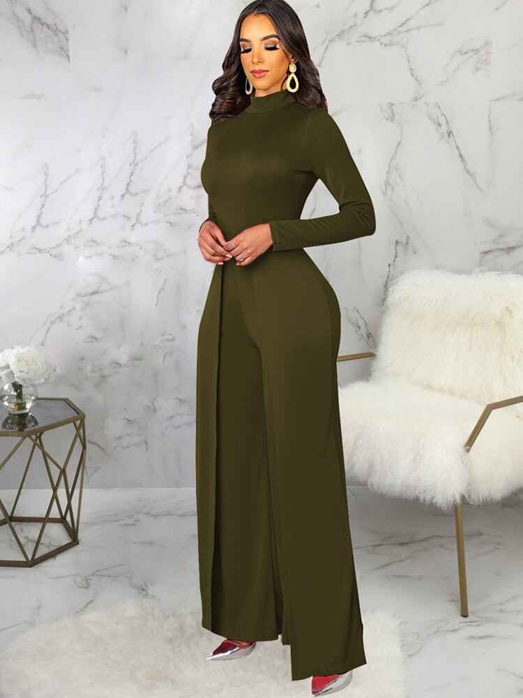 Mock Neck Long Sleeve Wide Leg Jumpsuits