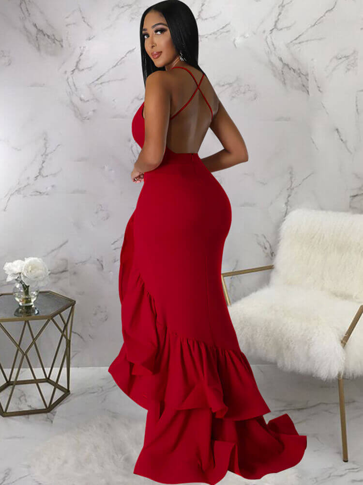 Spaghetti Strap Backless Ruffle Maxi Dresses