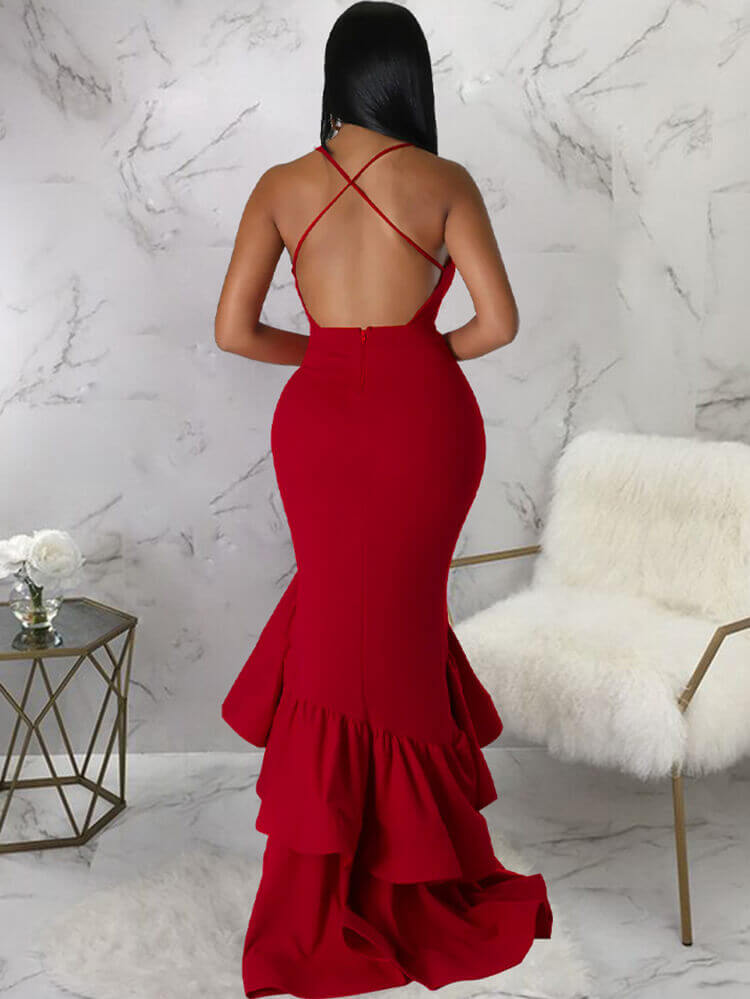 Spaghetti Strap Backless Ruffle Maxi Dresses