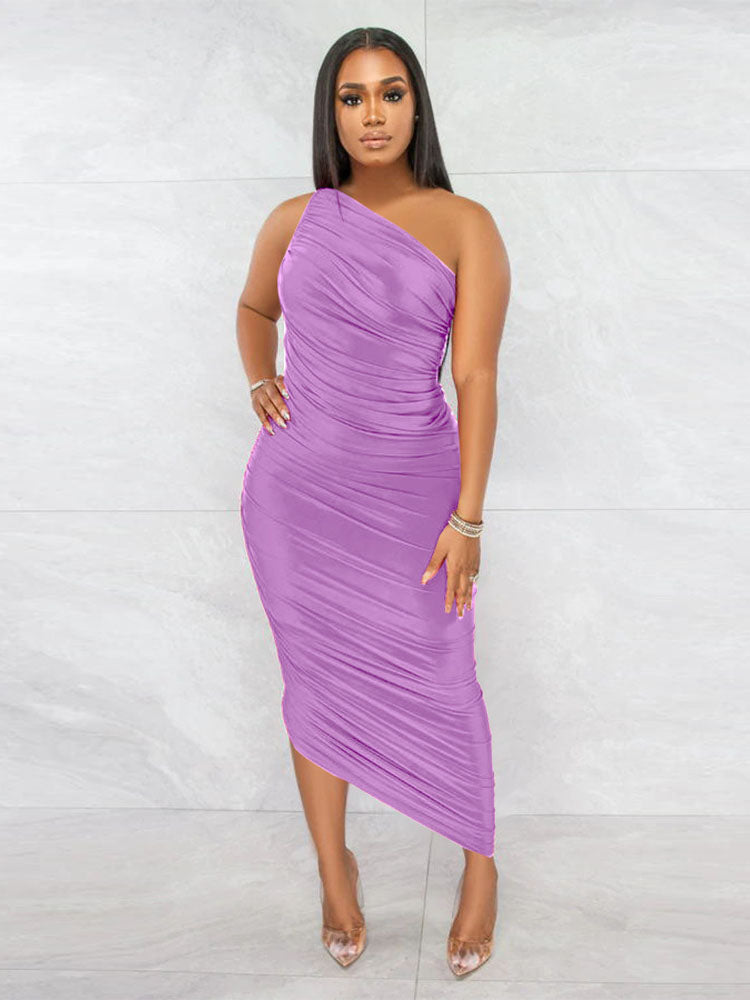 One Shoulder Sleeveless Backless Ruched Maxi Dresses