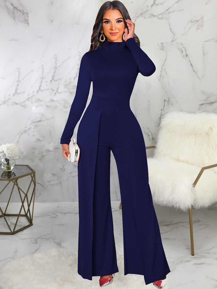 Mock Neck Long Sleeve Wide Leg Jumpsuits