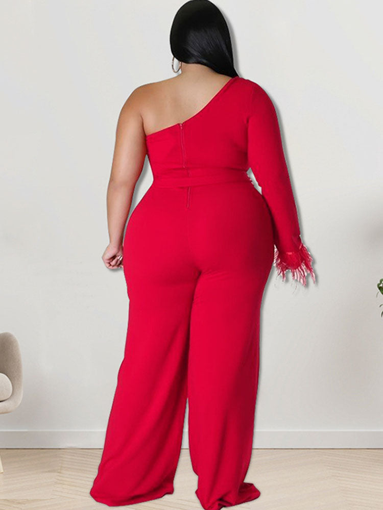 Plus Size One Shoulder Belted Wide Leg Jumpsuits