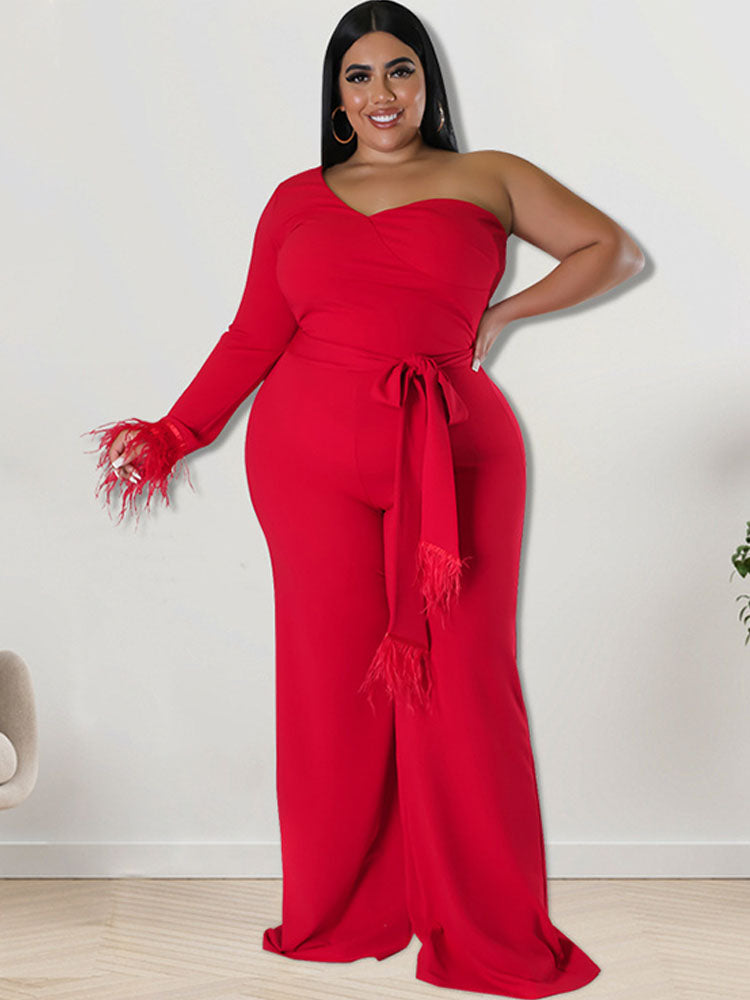 Plus Size One Shoulder Belted Wide Leg Jumpsuits