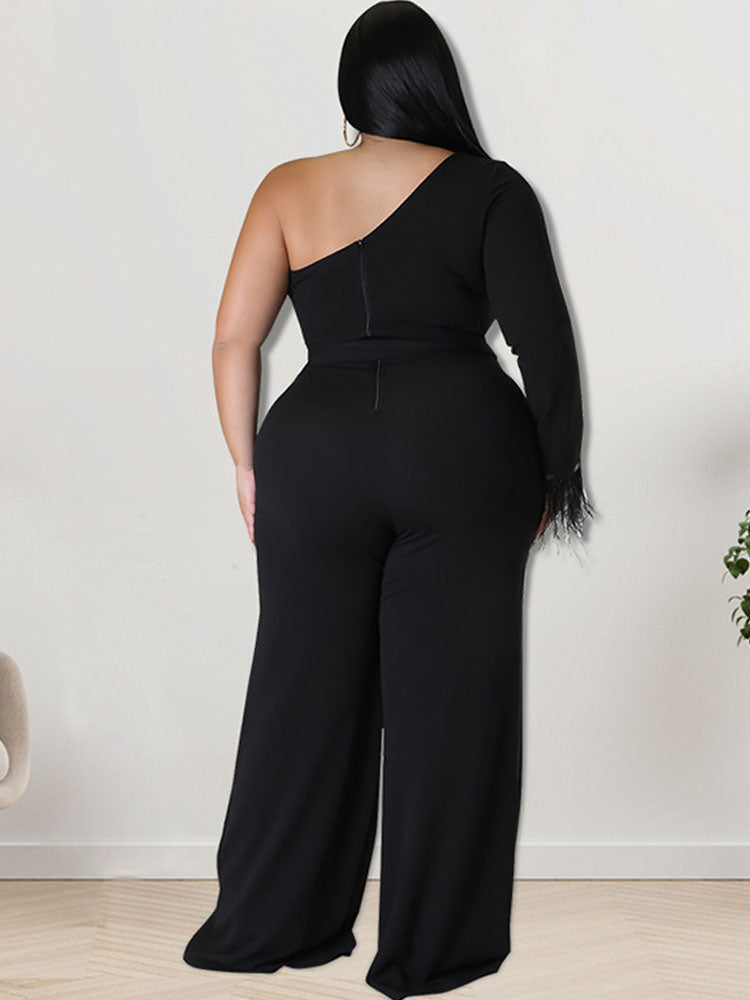 Plus Size One Shoulder Belted Wide Leg Jumpsuits