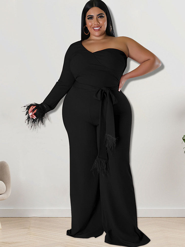 Plus Size One Shoulder Belted Wide Leg Jumpsuits