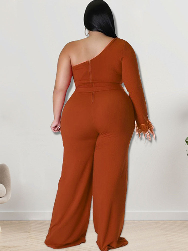 Plus Size One Shoulder Belted Wide Leg Jumpsuits