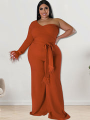 Plus Size One Shoulder Belted Wide Leg Jumpsuits