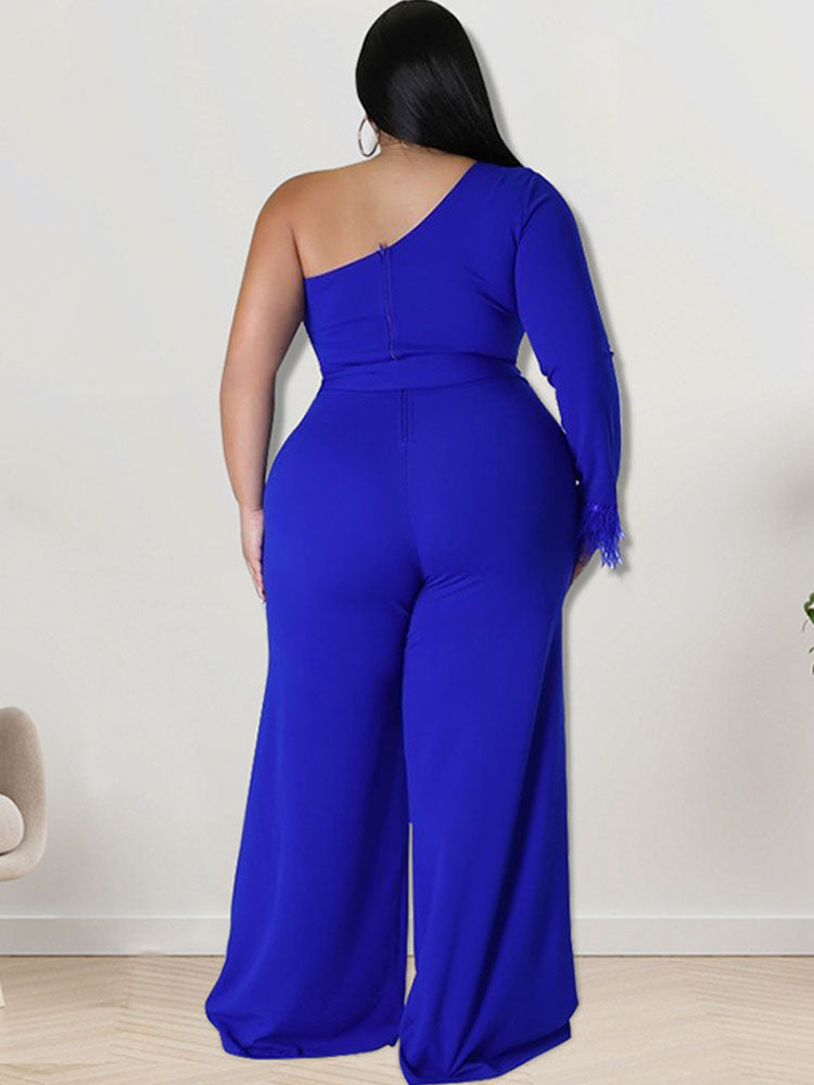 Plus Size One Shoulder Belted Wide Leg Jumpsuits