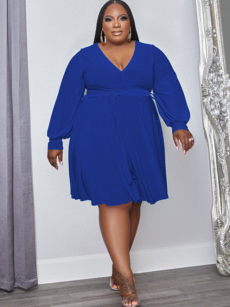 Plus Size Long Sleeve Belted Midi Dresses