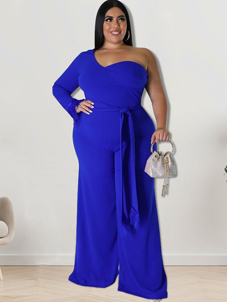 Plus Size One Shoulder Belted Wide Leg Jumpsuits