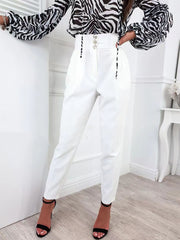 High Waist Solid Color Button Long Pants