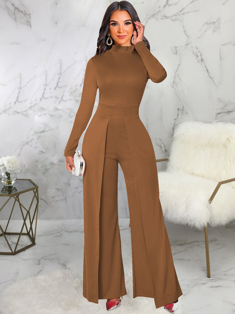 Mock Neck Long Sleeve Wide Leg Jumpsuits